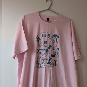 The Office Dinner Party Print Short Sleeve T-Shirt Size XL Unisex. Blue On Pink.